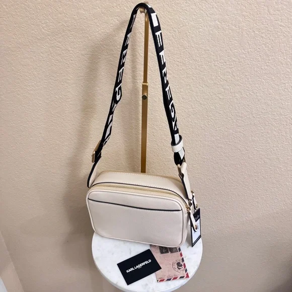 NWT KARL LAGERFELD Maybelle beige fun Embellished pins Crossbody Bag double zip - Picture 4 of 6